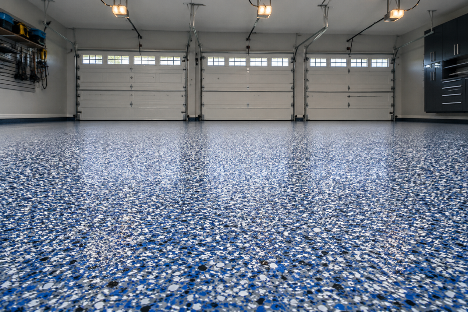 Blue and silver decorative chip polyurea garage floor