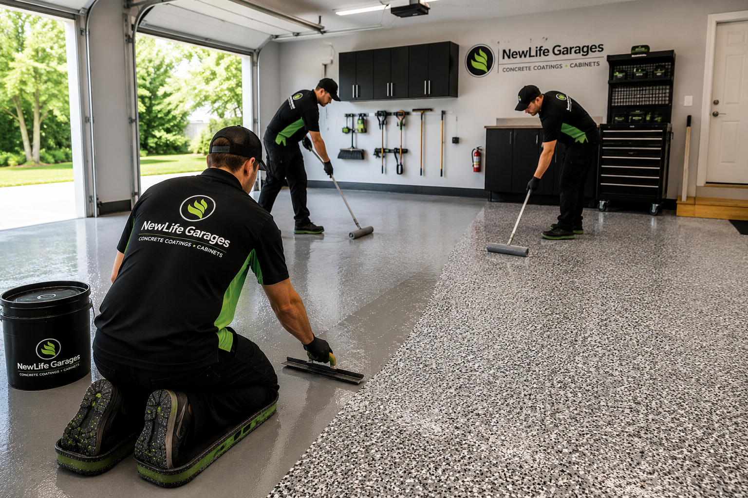 The New Life Garages W-2 install crew applying a polyurea floor coating