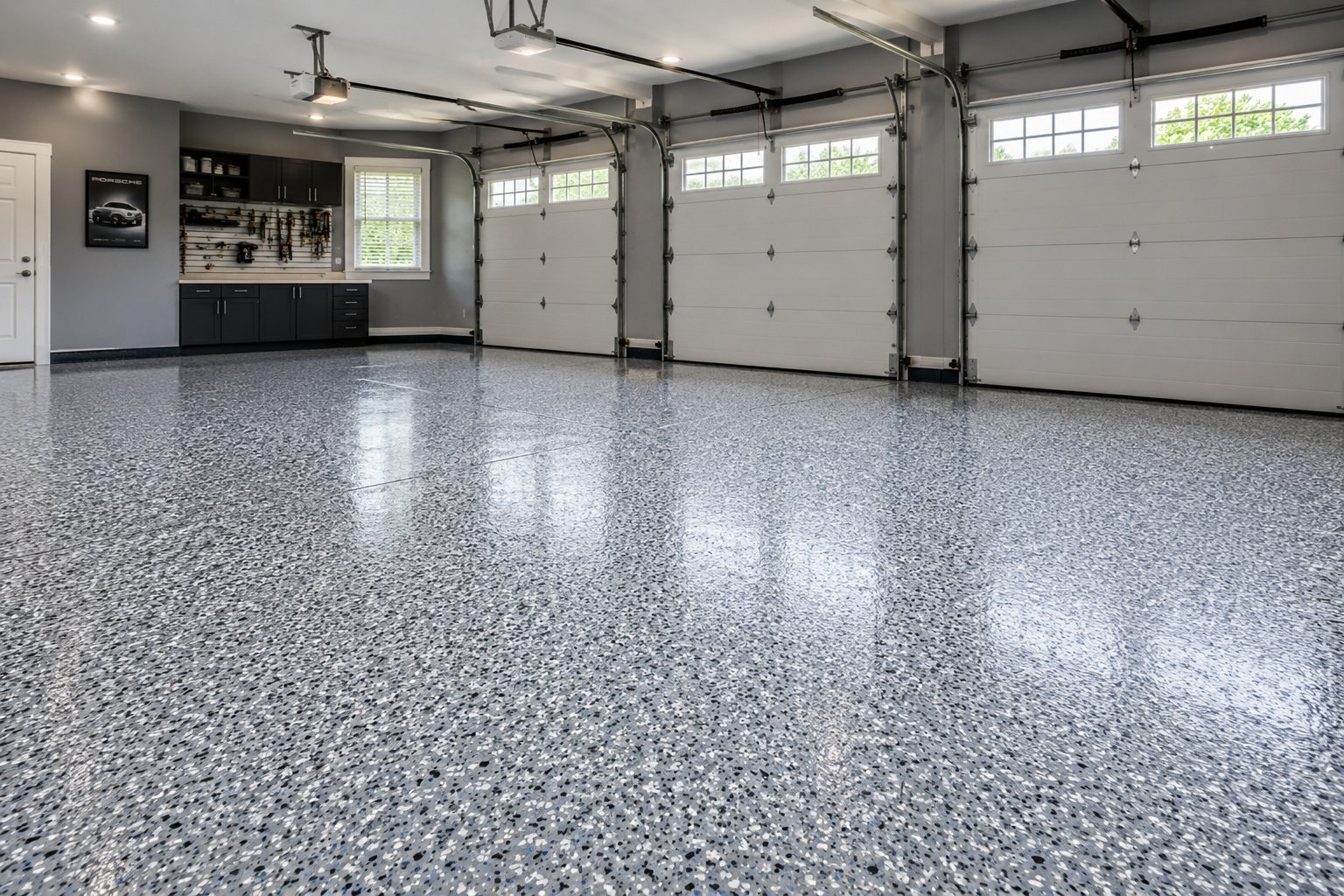 Premium polyurea garage floor coating in a 3-bay garage
